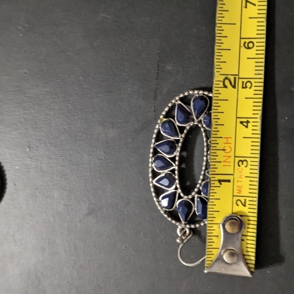 𝅺Silver Tone Oval Navy Blue Rhinestone Statement Earrings - Picture 2 of 2
